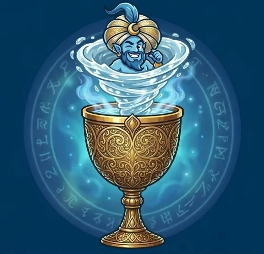A gold chalice with the genie bursting out of it, one of the glass shapes you can unlock